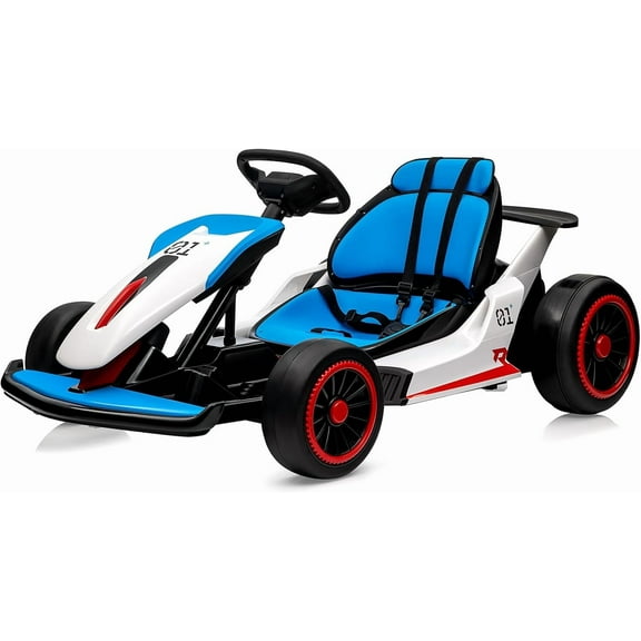 Historyli 24V Electric Drift Go Kart, Go Kart 8.1MPH Max Speed, 360° Drifting, 5-Point Safety Belt, 110LBS Load,USB/MP3 Player for Boys and Girls,Blue and White