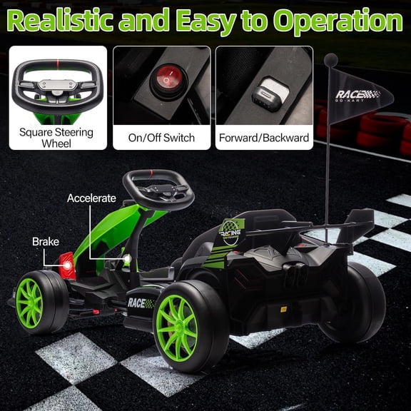 Historyli 24V Ride On Go Kart, Electric Ride On Car, Drift Kart, with Adjustable Seat, Green