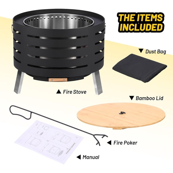 Historyli 26 Inch Outdoor Wood Burning Bonfire Stove,Smokeless Fire Pit,Portable Carbon Steel Firepit,Durable Round Fire Pits for Outside with Low Smoke,Rust-Proof,Easy to Clean,Black