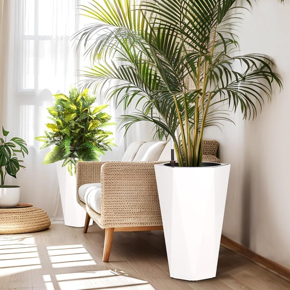 Historyli 2PC 22.4Inch Self Watering Planters, Tall Diamond Plastic Pots with Water Level Monitor, White