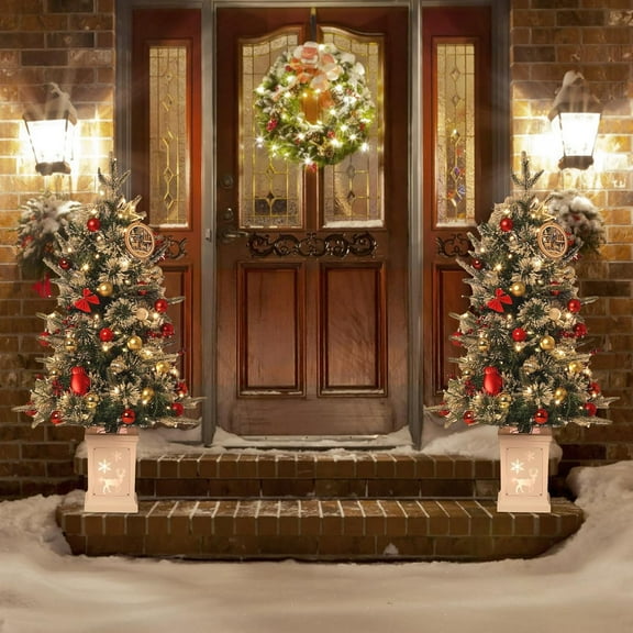 Historyli 2PCS Small Christmas Tree,3FT Artificial Desktop Tree with 78 Warm White 8 Mode Lights & Reindeer Light Box Base for Holiday Decor,Over 160 Branch Tips,Green 4