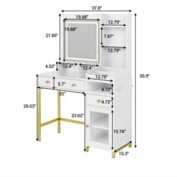 Historyli 3-Color Lights Adjustable Brightness Make Up Dressing Table,Vanity Desk With Mirror and Lights With 2 Drawers,1 Cabinet With Open Storage Shelves Makeup Desk With Drawer & Power Outlet