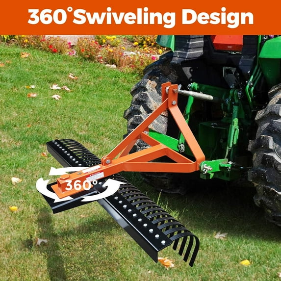 Historyli 3-Point Landscape Rake, for Tractor, 5FT, with 30 Steel Tines, 360 Degree Rotation