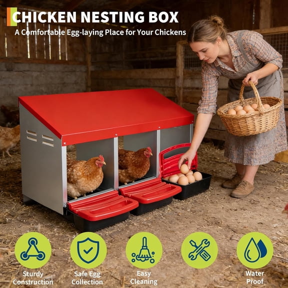 Historyli 3-Section Chicken Nesting Box with Rolling Egg Collection & Easy-Clean Nest House, Red