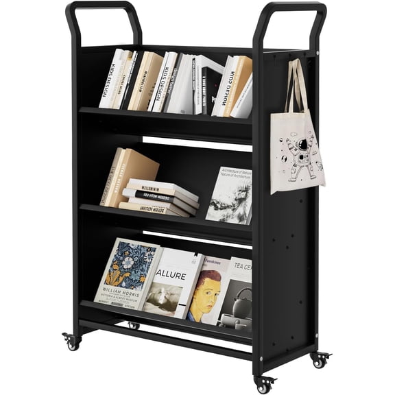 Historyli 3-Tier Rolling Book Cart for Classroom,Metal Book Shelf with Lockable Wheels & Side Hooks,v-Shape Mobile Utility Cart for Library,Office,,Black