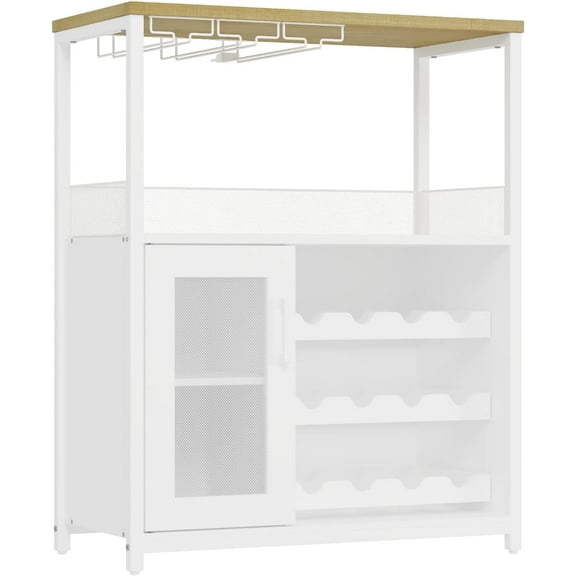 Historyli 3-Tier Wine Bar Cabinet with LED Lights,Coffee Bar Cabinet with Adjustable Shelves,Mesh Door & Baffle,Small Liquor Cabinets with Wine Rack and Glass Holder for Home Kitchen,White