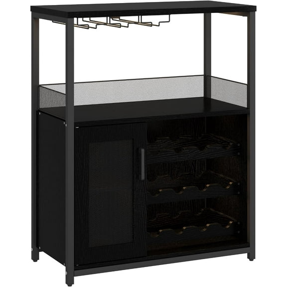 Historyli 3-Tier Wine Bar Cabinet with LED Lights,Coffee Bar Cabinet with Adjustable Shelves,Mesh Door & Baffle,Small Liquor Cabinets with Wine Rack and Glass Holder for Home Kitchen,Black