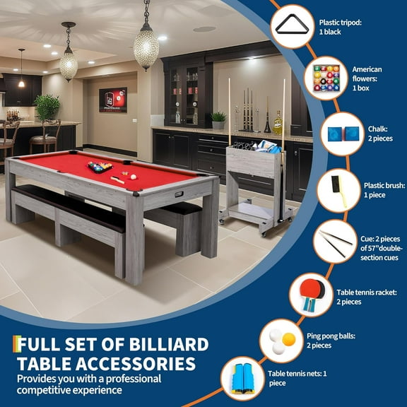 Historyli 3-in-1 Billiard,7FT Convertible Pool Table,Dining Table & Ping Pong,Includes Rolling Storage Cart,Cue Sticks,Balls,Table Tennis Set,Game Table for Home & Game Rooms,Red