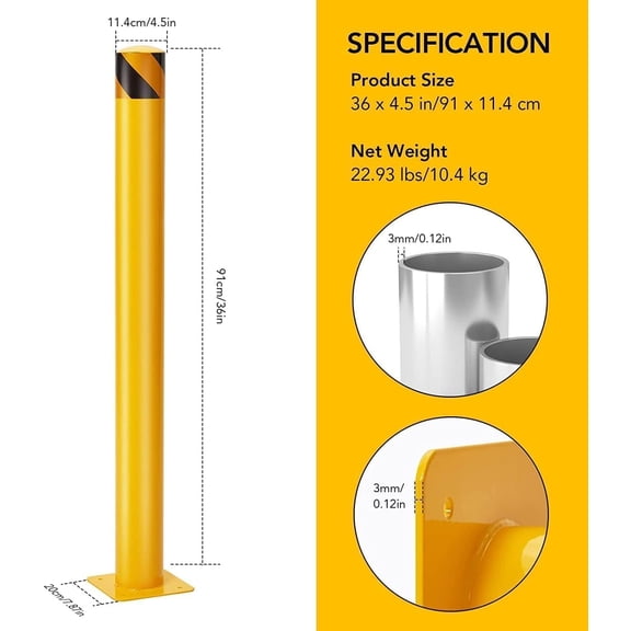 Historyli 36in Safety Bollards, 6-Pack Steel Traffic Posts for Driveway & Parking Lot Control, Yellow