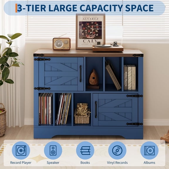 Historyli 39in Record Player Stand with Vinyl Storage,Spacious Storage & Versatile Surface,Multi-Functional Furniture Piece,Easy Assembly for Office,Blue