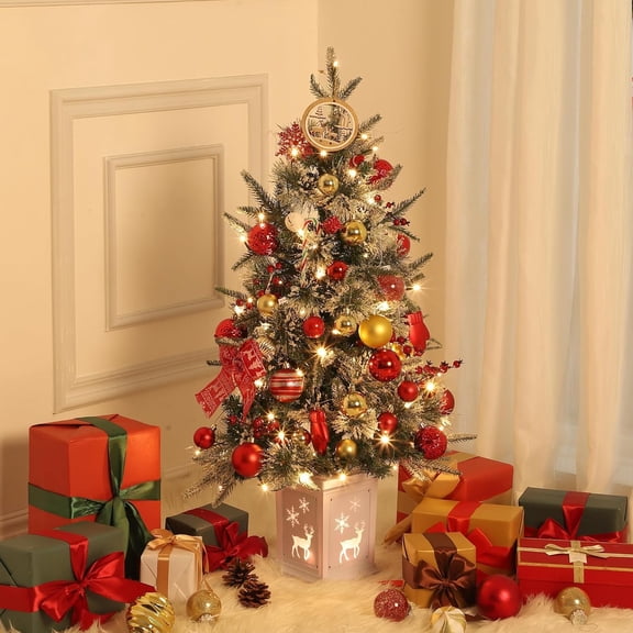 Historyli 4.5ft Snow Flocked Christmas Tree with 108 LED Lights,Tabletop x-Mas Tree with Light Box& Pine Cones,Artificial Holiday Decor for Home,Office,Green 3