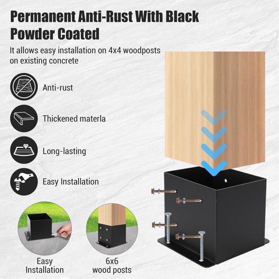 Historyli 4 PC 6x6 Post Base for Deck, Heavy Duty Steel Brackets with Hardware Kit, Rust-Resistant, Black