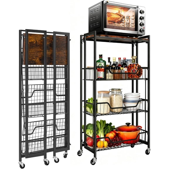 Historyli 4-Tier Collapsible Wooden Storage Shelf, Heavy Duty 100 lbs Capacity with Locking Wheels, Black/Brown