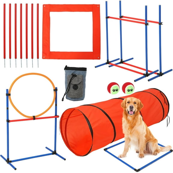 Historyli 43pc Dog Agile Training Equipment,Dog Obstacle Course Training Starter Kit with Tunnel,Adjustable Dog Hoop,Weave Poles,Jump Ring,Pause Box,Toy Balls and Storage Bag,Railing