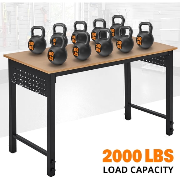 Historyli 47 Inch Adjustable Workbench with Power Outlets,2000LB Capacity,2 Side Pegboards & Hooks,Height Adjustable with Wheels,Durable Carbon Steel Frame for Home,Office,Black+Natural