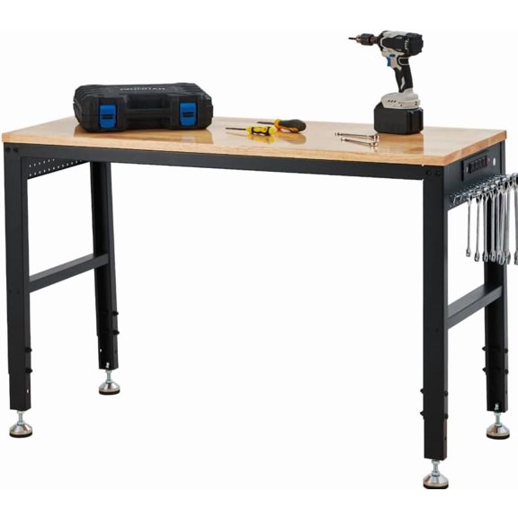 Historyli 48 Inch Adjustable Height Workbench,2000 lbs Capacity,Thick Rubberwood Top,Power Outlets,Lockable Wheels,Leveling Feet,Multi-Functional Table for Garage,Workshop,Black