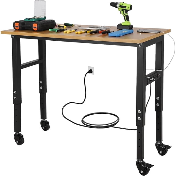 Historyli 48Inch Adjustable Height Workbench with Power Outlet,2000 LBS Load Capacity,Versatile Tool Bench for Garage,Workshop,Black