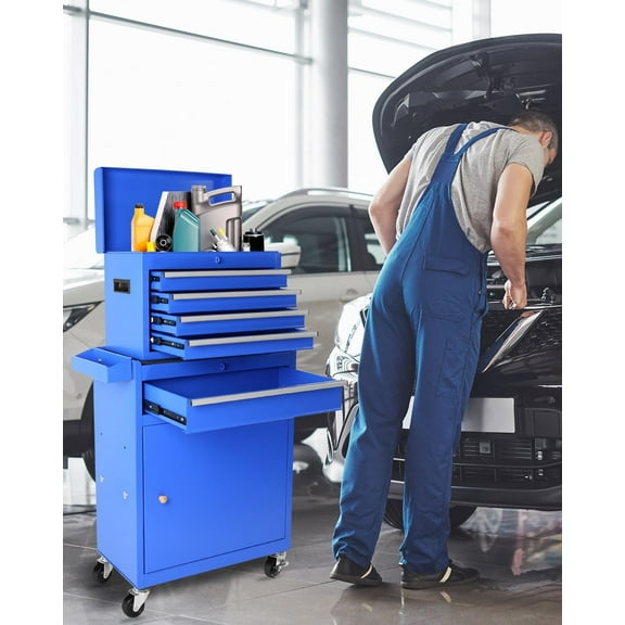 Historyli 5-Drawer Tool Chest,Large Rolling Tool Chest with Wheels & 5 Organizer Tray Divider Set,Detachable Top Metal Tool Box for Garage,Workshop,Blue