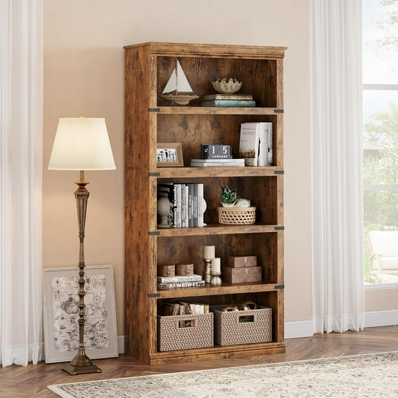 Historyli 5 Tier Book Shelf,Farmhouse Book Case,67.4" Tall Shelf with Storage,Wooden Bookshelves for Living Room,Home Office-Brown( 67.4" H x 31.5" W x 12.8" D)),Retro color
