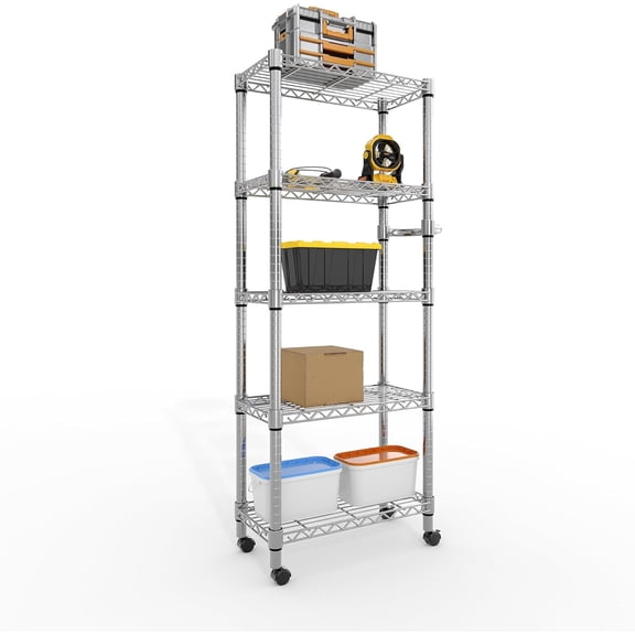 Historyli 5-Tier Metal Storage Rack with Wheels,Adjustable Wire Mesh Rack with Side Handles,Heavy-Duty Rolling Shelving Unit,Easy to Assemble for Kitchens,Silver