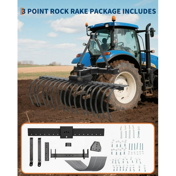 Historyli 50 Inch 3-Point Landscape Rake, 360° Rotation Rake with 17 Spring Steel Tines, Black