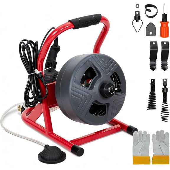 Historyli 50Ft Drain Cleaner Machine,Electric Drain Auger Cleaner,Sewer Snake Auger Auto Feed with 6 Cutter & Air-activated Foot Switch for 3/4" to 3" Pipes,Black Red