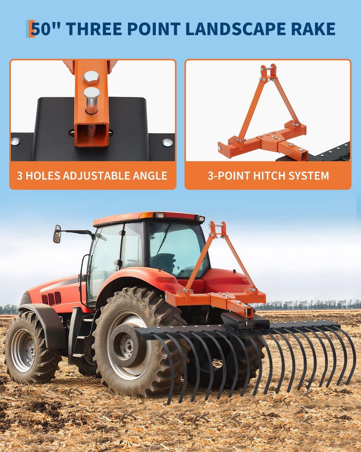 Historyli 50Inch 3-Point Hitch Tractor Landscape Rake with 360 ...