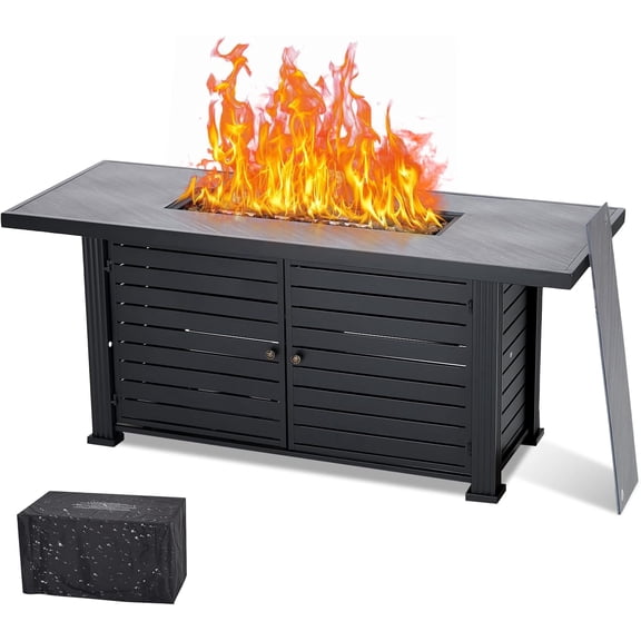 Historyli 52 Inch 50000 BTU Outdoor Propane Fire Pit Table,2-in-1 Rectangular Gas Firepit with Rain Cover & Double Door Storage,Patio Fire Table for Backyard,Garden,Classic