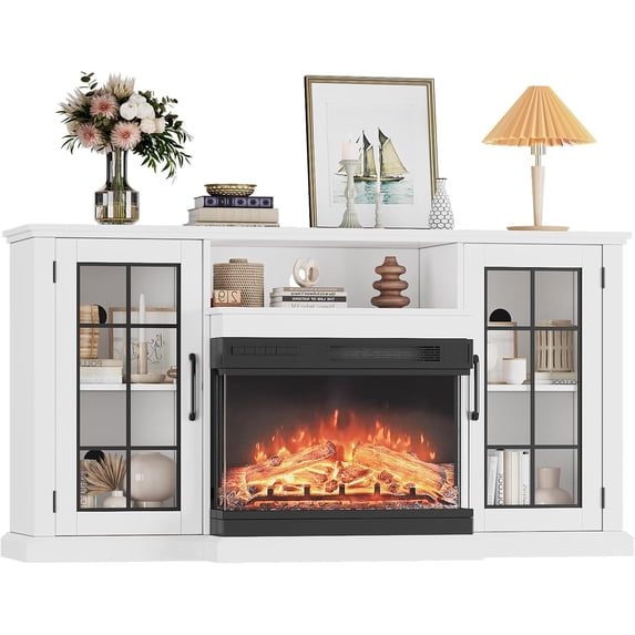 Historyli 59 in 3 Sided Glass Fireplace TV StandRustic Media Console with LED Lights Glass Door Storage,12 Colors LED Lights Flame,(24-Inch Three-Sided Glass Fireplace + 59-Inch Wooden Cabinet),White