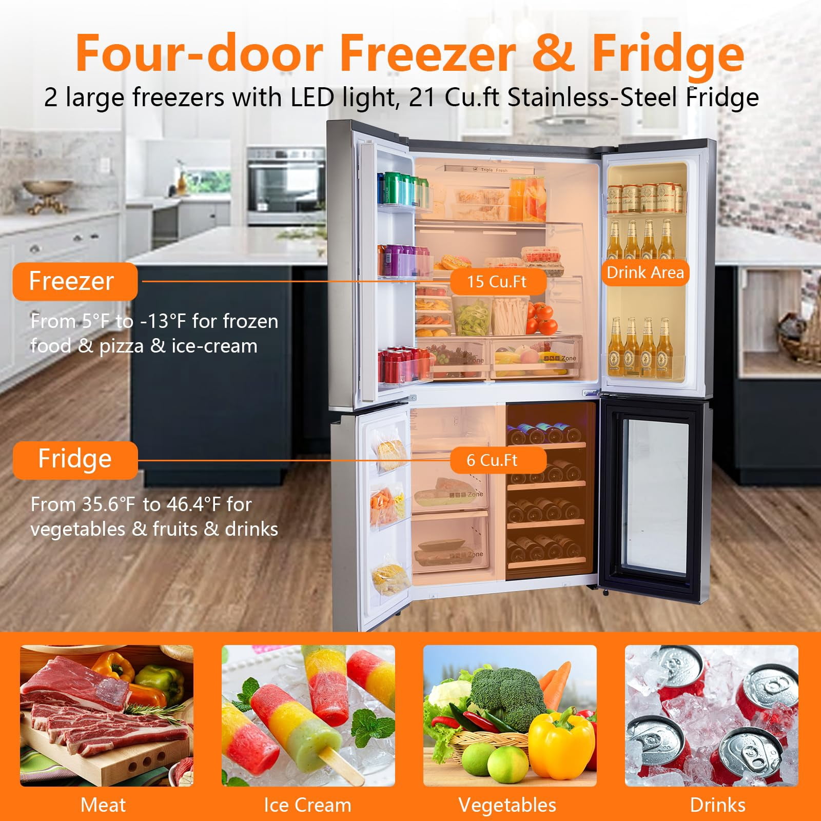Historyli 595L French Door Refrigerator with Wine Cooler, Large Capacity Freezer Refrigerator, 605W