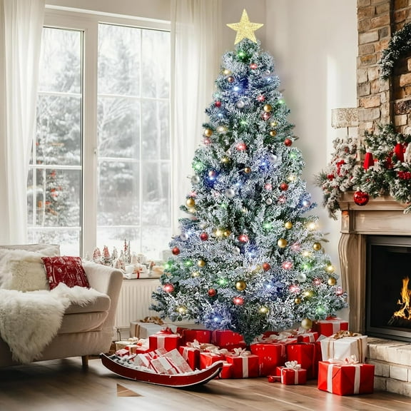 Historyli 6.5FT Snow Flocked Full Xmas Tree with 470 Warm White & ColoRed Change Lights, Artificial Christmas Tree with 720 Branch Tips & 8 Lighting Modes for Home Decorations,White