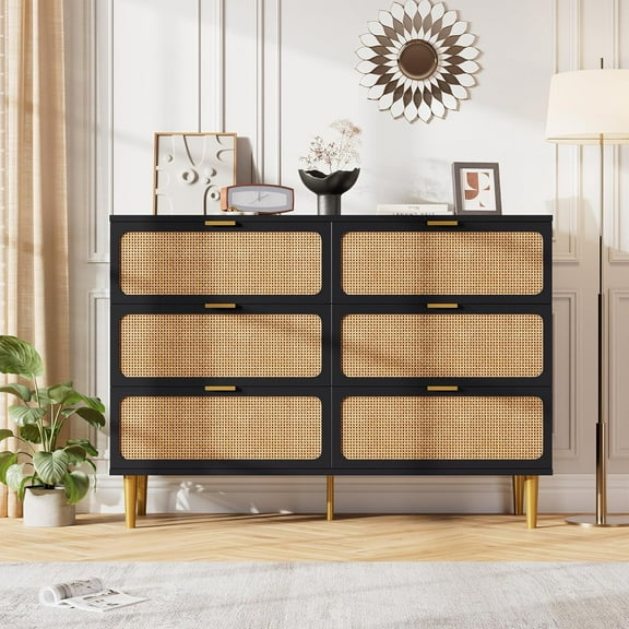 Historyli 6 Drawer Rattan Dresser for Bedroom,Large Double Dresser with Deep Drawers,Long Wooden Chest of Drawers for Closet with Wide Top,for Living Room,Hallway,Black