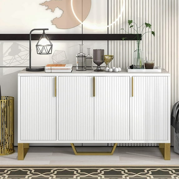 Historyli 60 Inch Sideboard Buffet,4 Doors Modern Kitchen Storage Cabinet with Marble Sticker Tabletop,Metal Legs for Dining Living Room Entryway,White