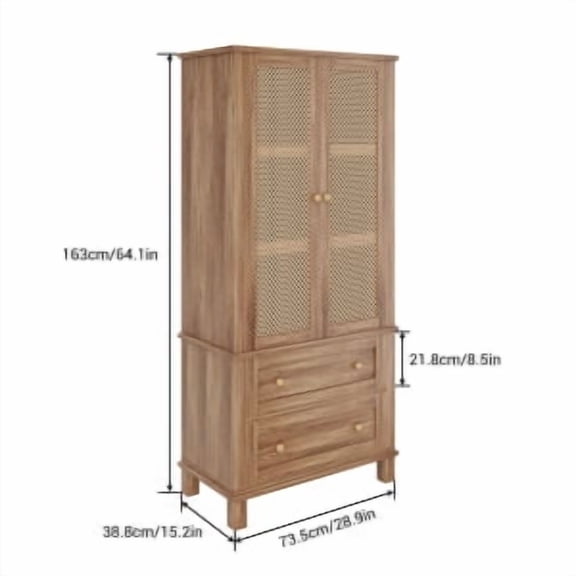 Historyli 64inch Kitchen Pantry Storage Cabinet,Tall Cupboard Cabinet with Rattan Doors and 2 Drawers Adjustable Shelves Utility for Bathroom and Hallway,Light walnut