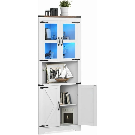 Historyli 67" Tall Corner Storage Cabinet with Lights, Farmhouse Corner Hutch Display Cabinet with Glass Doors, Wooden Storage Organizer for Kitchen, Living Room, White