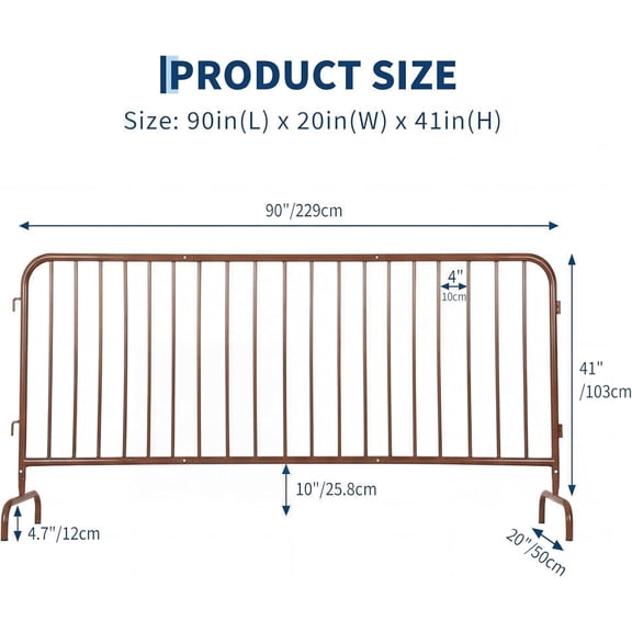 Historyli 7.5 Ft Interlocking Steel Barricade, Heavy Duty Galvanized Metal Barricade with Bridge Feet Base, Brown