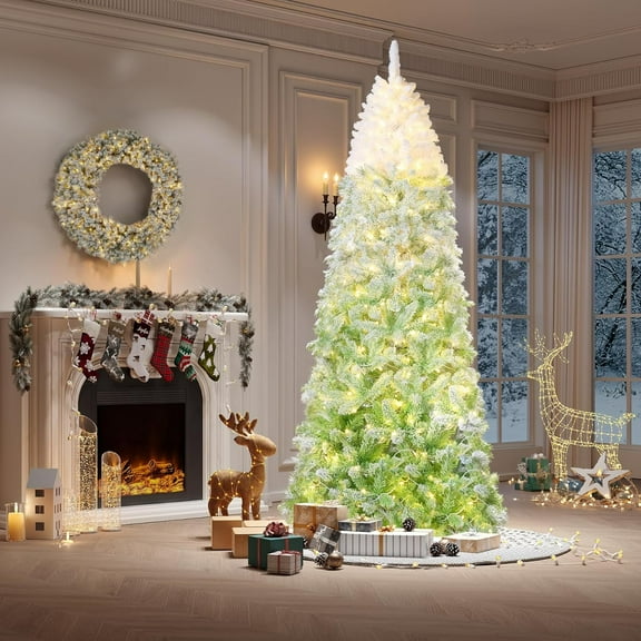 Historyli 7.5FT Prelit Christmas Tree with Lights,Snow Flocked Artificial Skinny Pencil Tree,Foldable Base,Xmas Decor for Home Party Office,White & Green