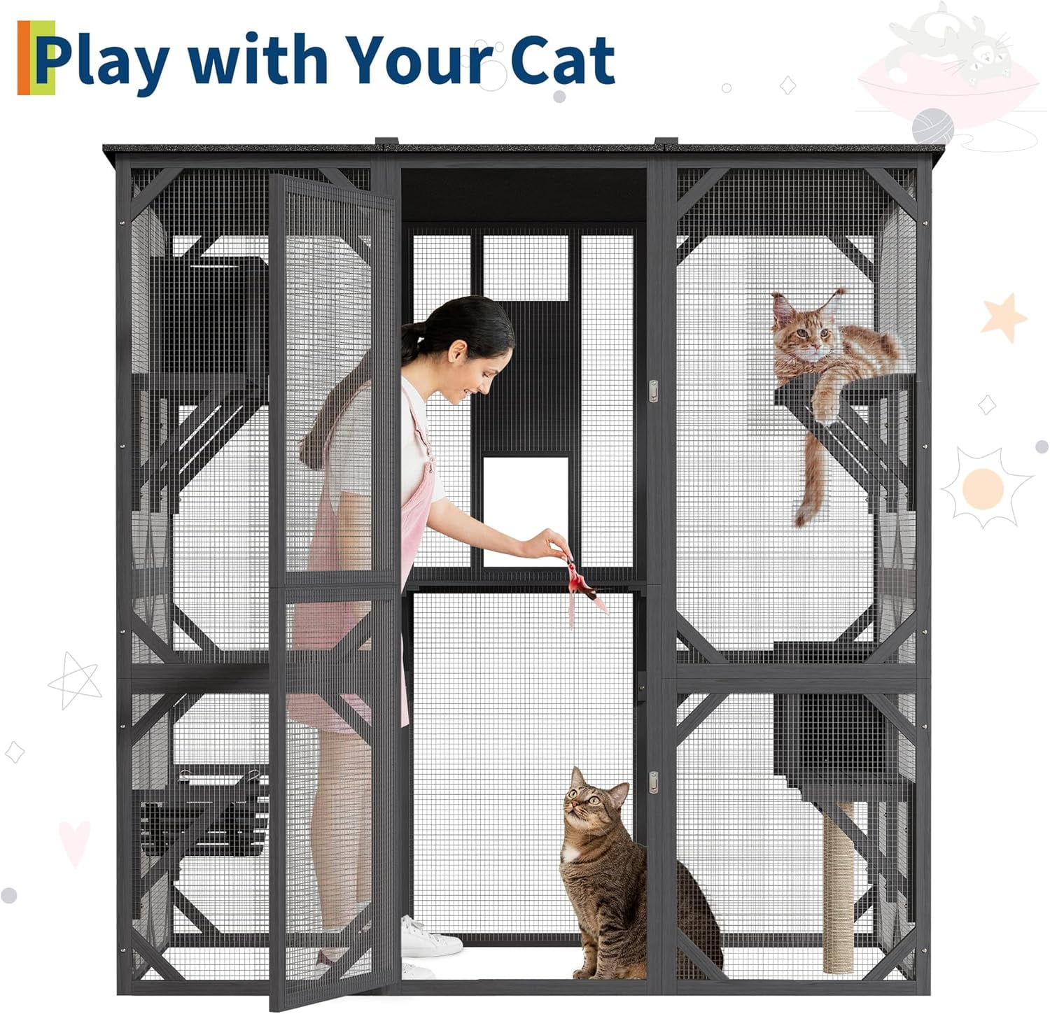 Historyli 70 Inch Outdoor Walk-in Cat Enclosure with Window,Waterproof Roof Cattery with Bridge and Scratching Post,Outdoor Patio Cat Playpen for Multiple Cats,Grey