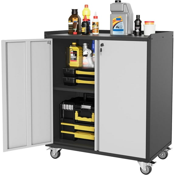 Historyli 70INCH Rolling Garage Storage Cabinet with Locking Doors - Heavy-Duty Metal Shelving Unit,Mobile Tool Organizer for Home Office Workshop Organization,Light Grey
