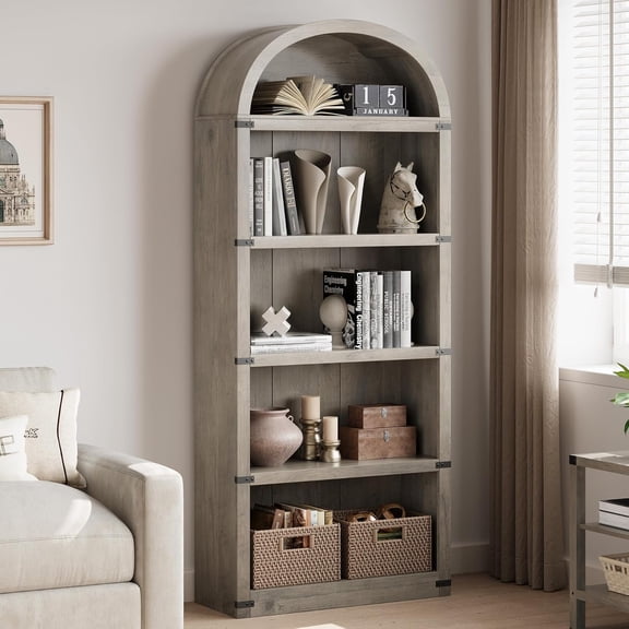 Historyli 71.65in Tall Bookcase 5 Shelf Arched Bookshelf,Bookcase Farmhouse Display Storage Rack,Wooden Bookshelves for Home Office,Living Room,Gray