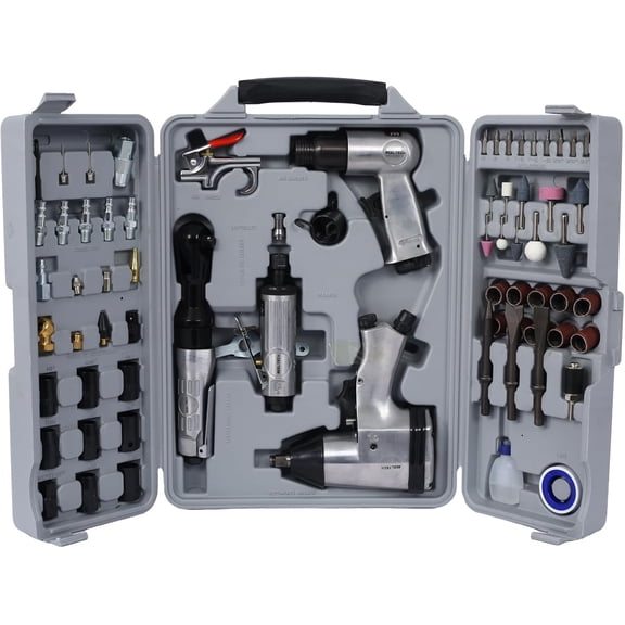 Historyli 71PC Air Tool and Accessories Kit,Includes Power Ratchet,Impact Wrench,Air Ratchet,Die Grinder,Air Hammer,Hose Fittings for Automotive Maintenance with Storage Case,Silver