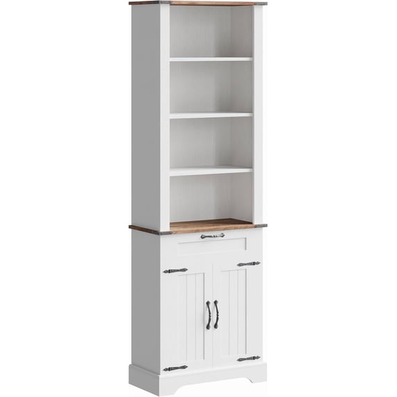 Historyli 72" Tall Farmhouse Bookcase, Floor Standing Bookshelves with Doors and Drawer Adjustable Shelves for Home Office, White