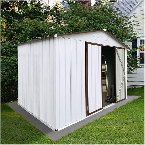Historyli 8x10 Ft Outdoor Storage Shed,Utility Tool Shed Metal Storage Garden Shed with Door & Lock for Backyard Garden Lawn,White