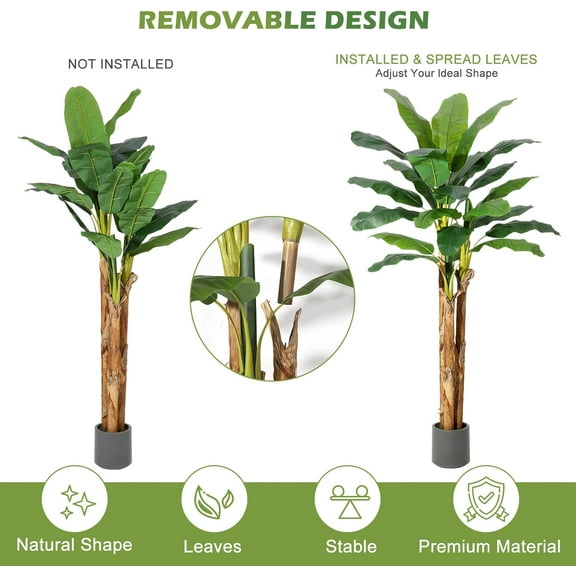 Historyli Artificial Banana Tree, Fake Banana Leaf Plants, with Grey Planter, Faux Silk Tree, 6Ft