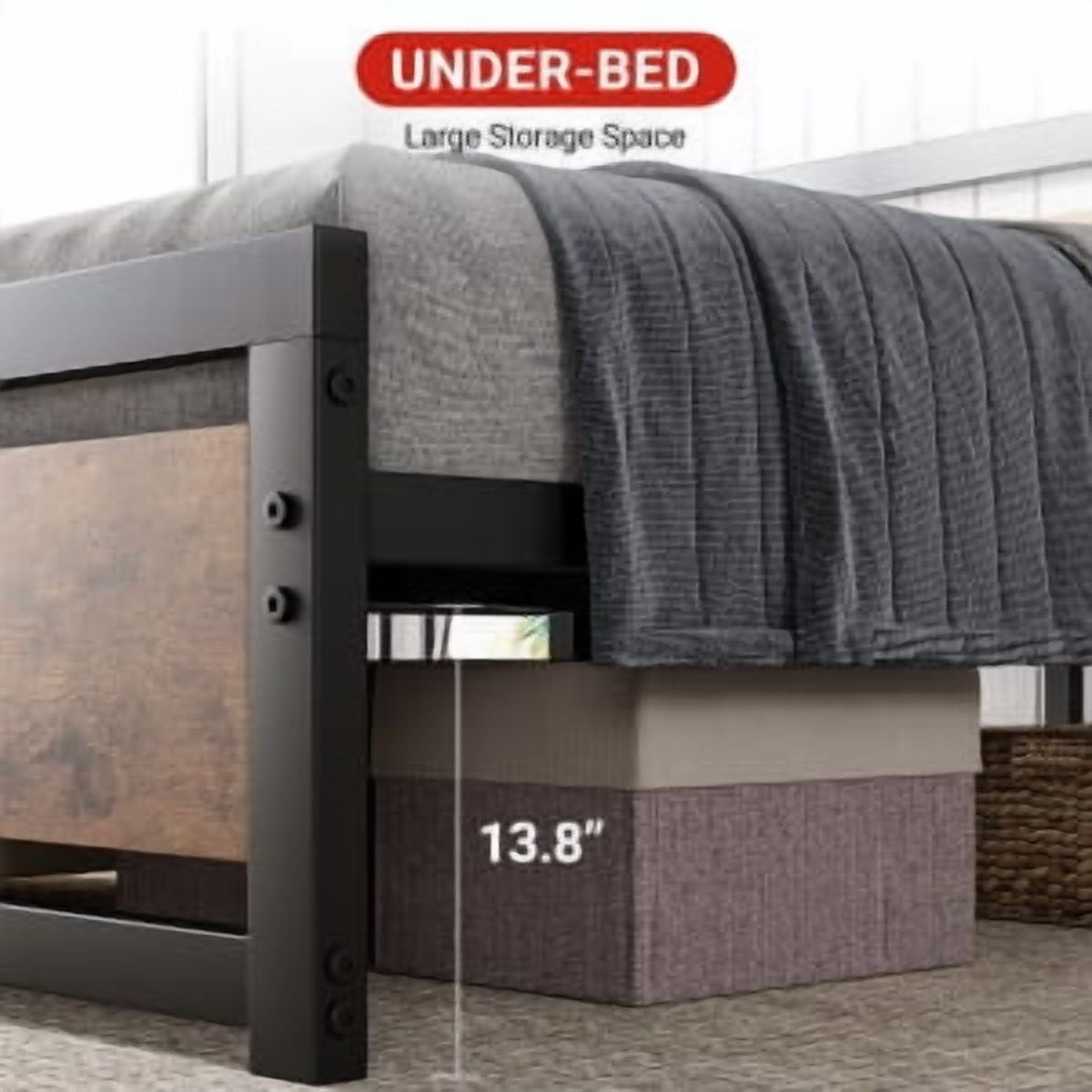 Historyli Bed Frame, King Size, 14 Inch, Industrial, with Headboard, No Box Spring Needed, Retro Brown