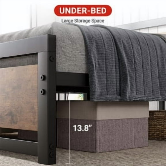 Historyli Bed Frame, King Size, 14 Inch, Industrial, with Headboard, No Box Spring Needed, Retro Brown