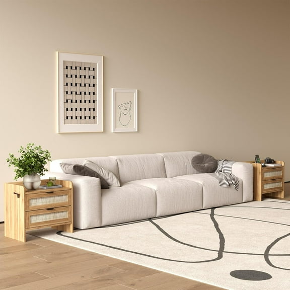 Historyli Bedside Table-2PC Rattan Nightstand,Boho Night Stand with Type-C Charging Station-2 Storage Drawer,and Open Storage Space,End Table,Side Tables,Suitable for Bedroom,Living Room-Walnut