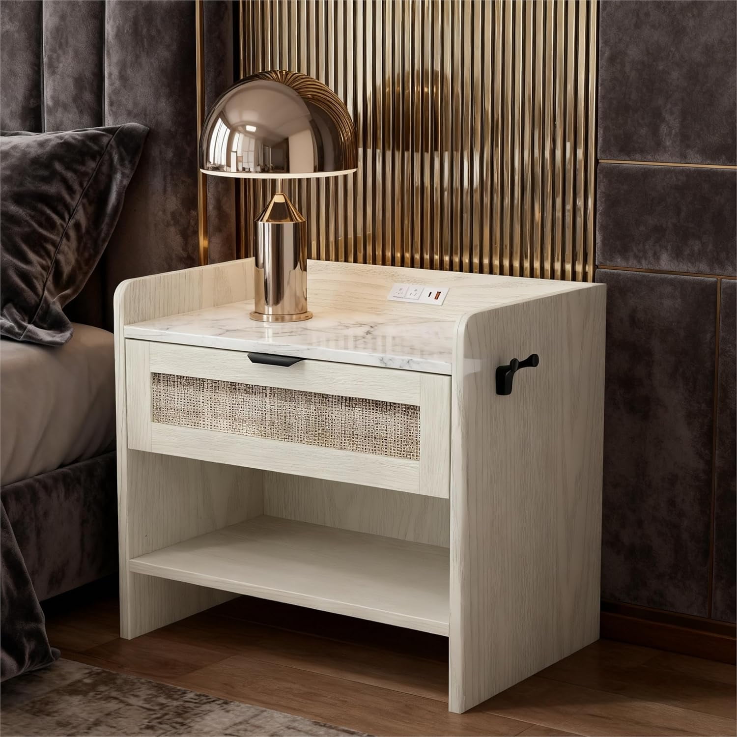 Historyli Bedside Table,Rattan Nightstand, Boho Night Stand with Type-C Charging Station,1 Storage Drawer,and Open Storage Space,End Table,Side Tables,Suitable for Bedroom,Living Room,Milky white