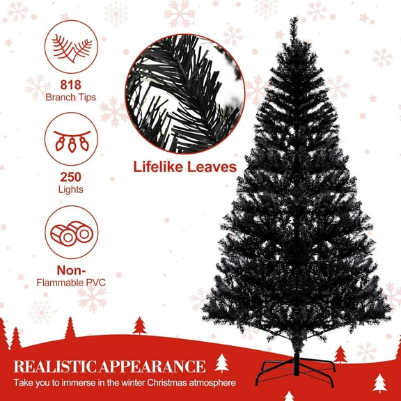 Historyli Black Christmas Tree, 6.5 Ft, Artificial, with 250 Warm White LED Lights & 818 Branches