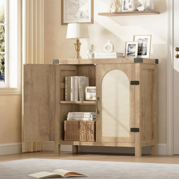 Historyli Boho Farmhouse Sideboard-Small Rattan Buffet Cabinet with Storage-Kitchen Coffee Bar Cabinet with Doors,Adjustable Shelves and Handle for Kitchen